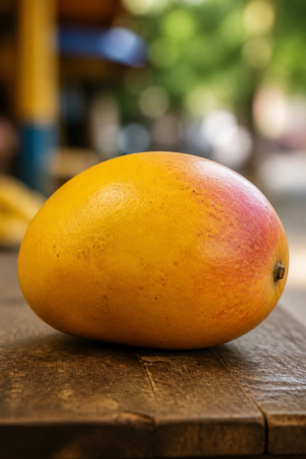 Close-up of Alphonso mango showing smooth yellow skin with blush on a rustic surface.