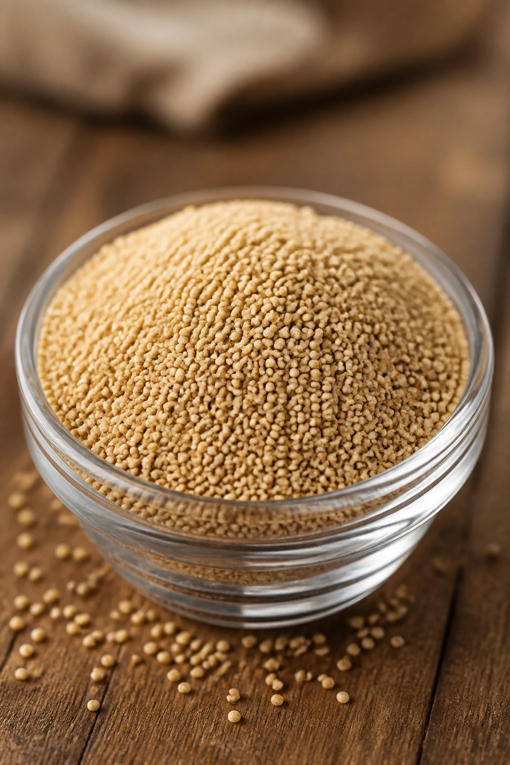 Amaranth seeds in a glass bowl on wood with natural light