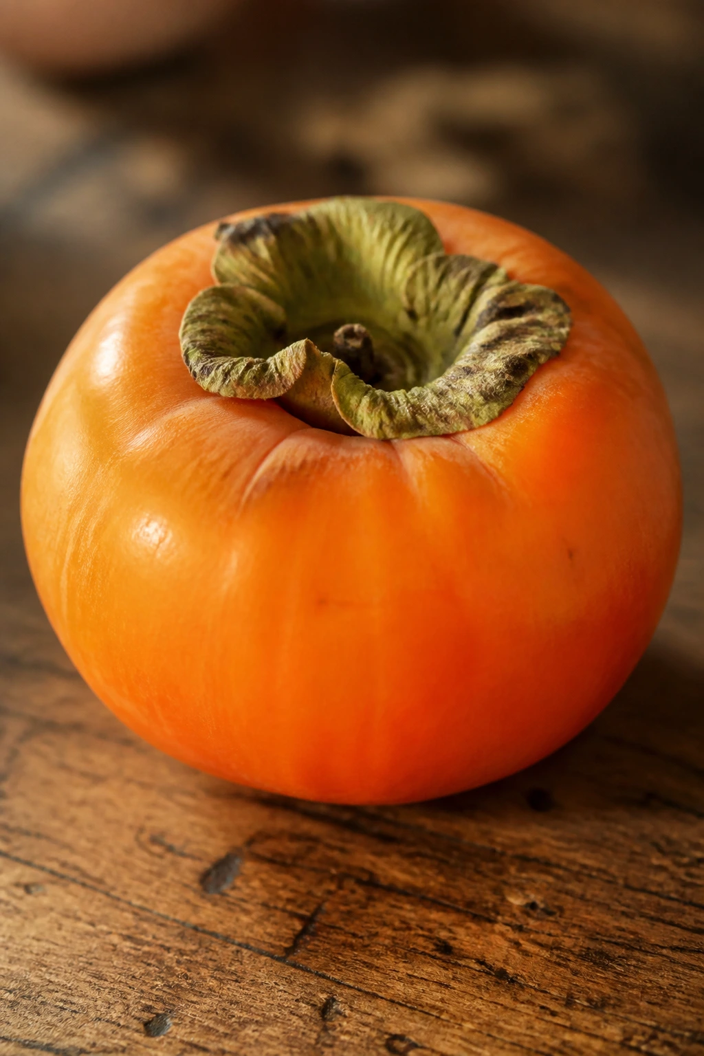American vs Japanese Persimmon: What's The Difference? 1 Close-up of a single American persimmon on a wooden counter, showing thick skin and orange flesh