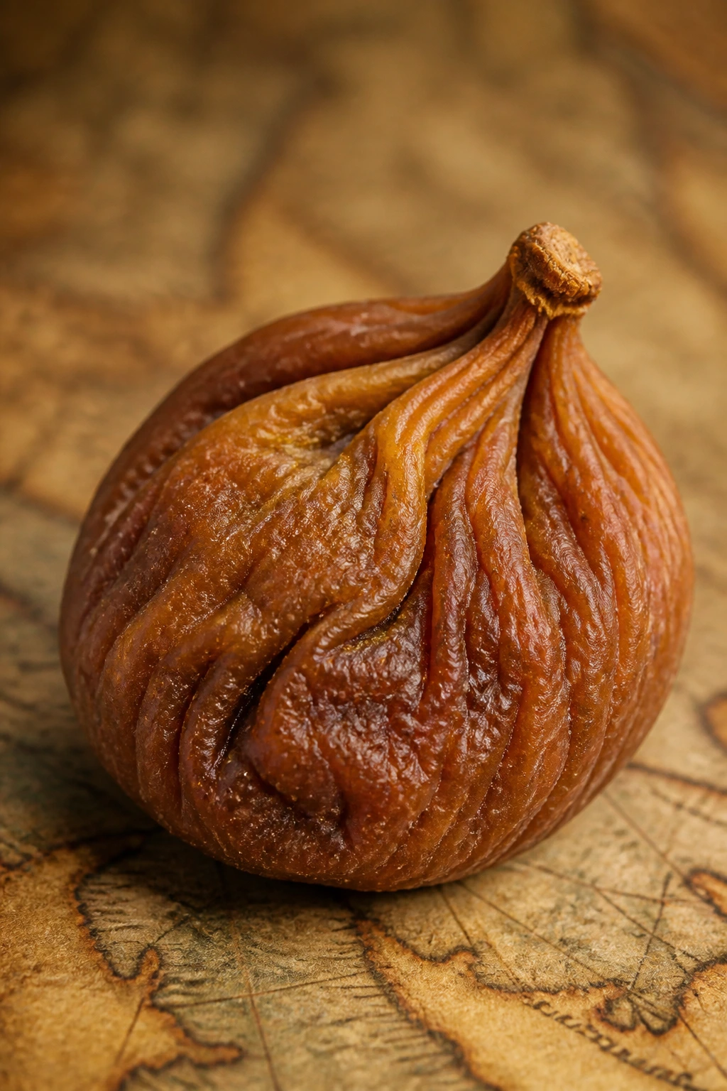 Close-up of an ancient fig against an antique map background, highlighting fruit history and significance