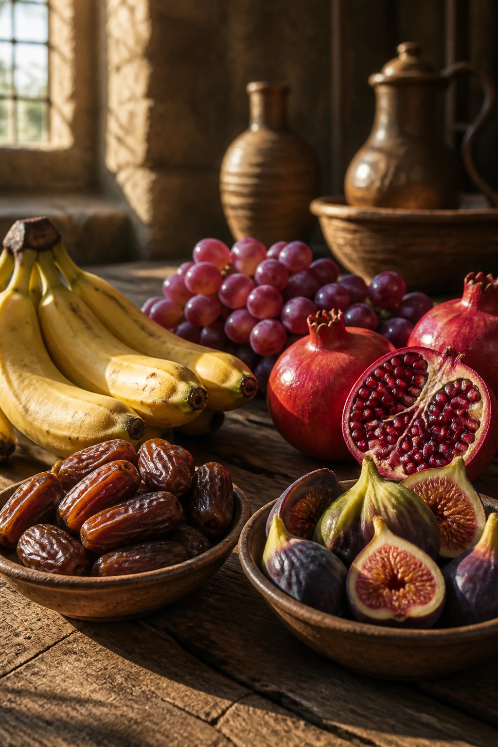 Close-up still life of ancient fruits including dates, figs, grapes, pomegranates, and bananas on a weathered wooden table