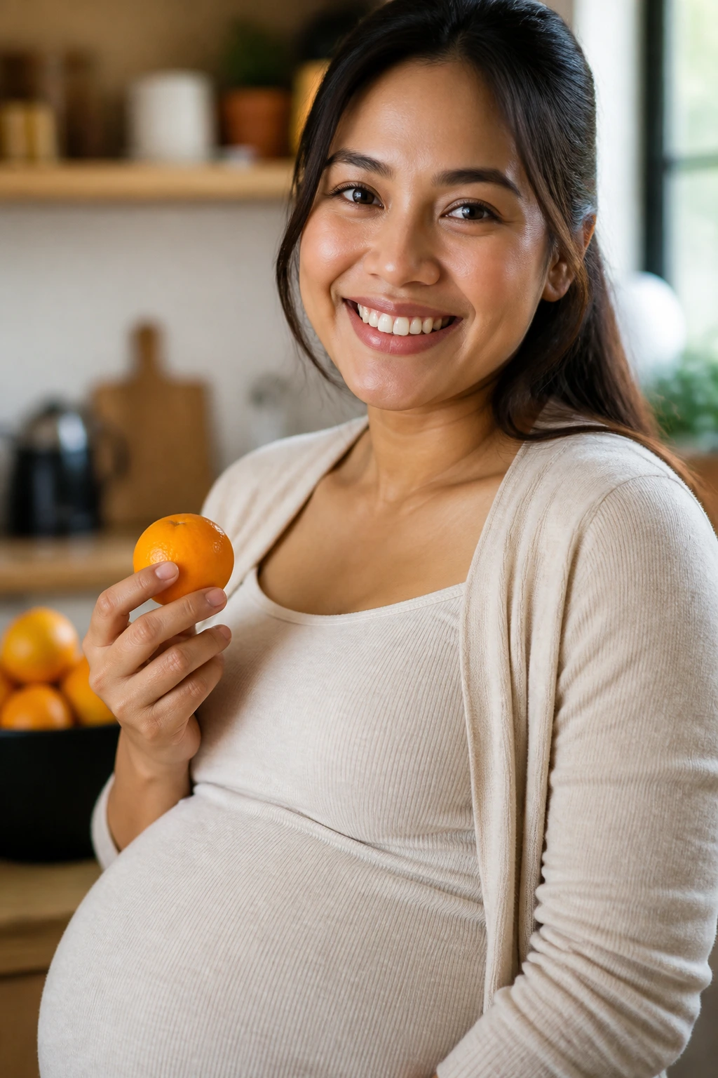 Are Mandarins Good For Pregnancy? Is It Safe? 7 Close-up of pregnant woman with energized expression holding mandarin in a warm kitchen