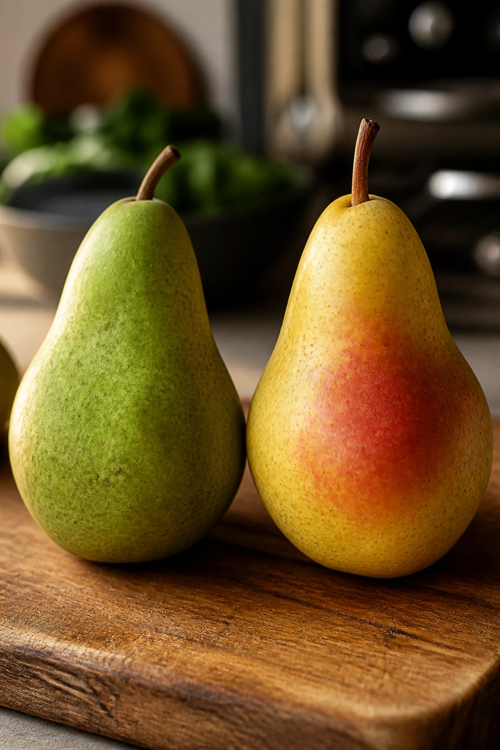 Anjou Vs Bartlett: The Ultimate Pear Comparison 9 Close-up of Anjou pear and Bartlett pear side by side on a wooden cutting board