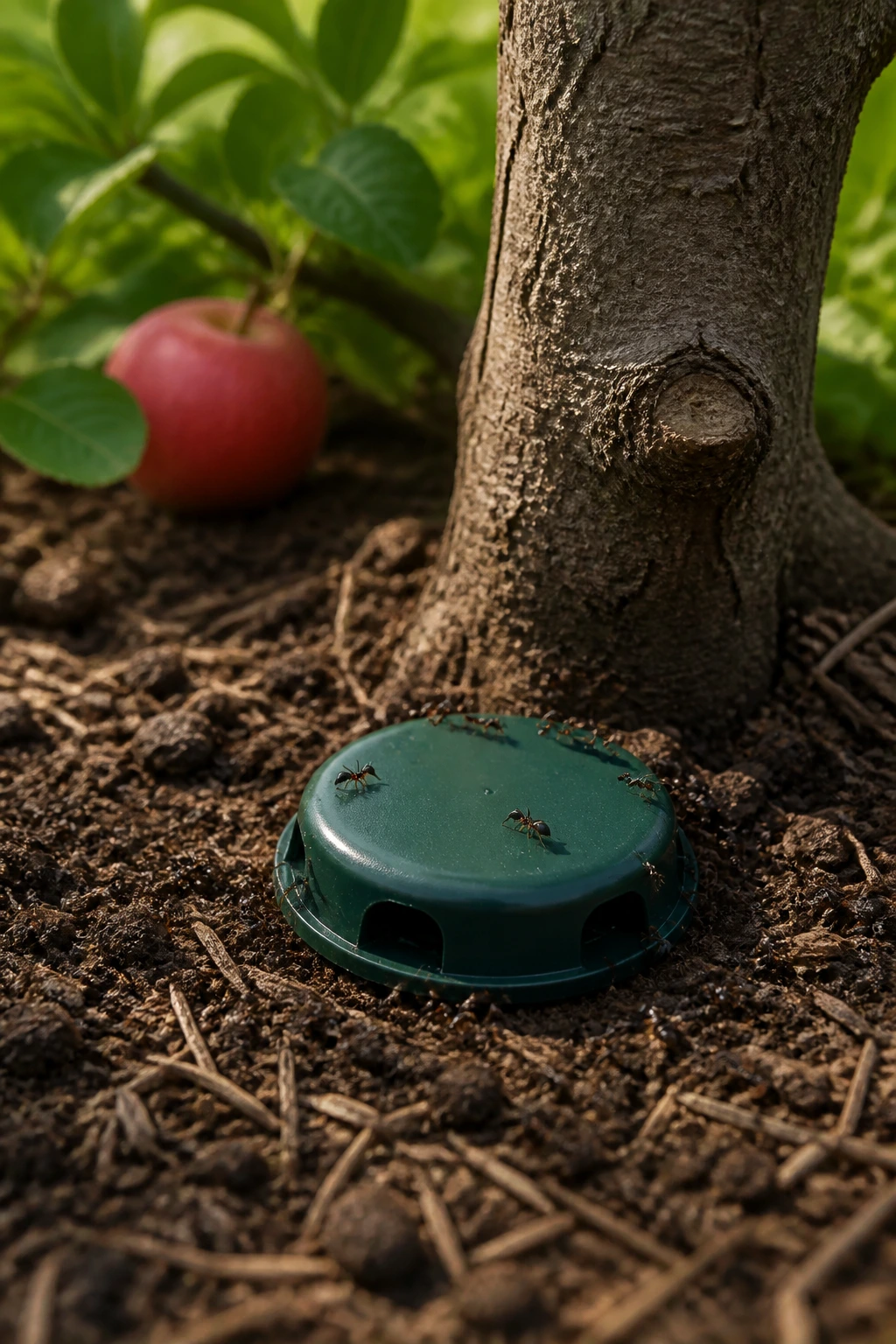 How to Keep Ants Off Fruit Trees: 100% Working Tips 4 Close-up of an ant bait station at the base of a tree in a garden