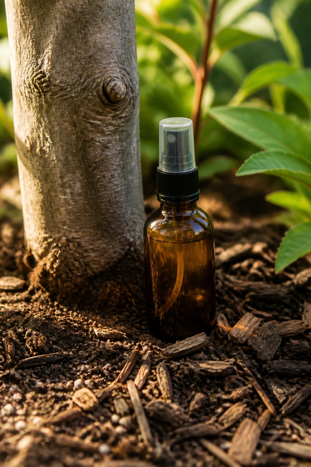 How to Keep Ants Off Fruit Trees: 100% Working Tips 2 Close-up of a natural ant repellent bottle at the base of a tree in a garden