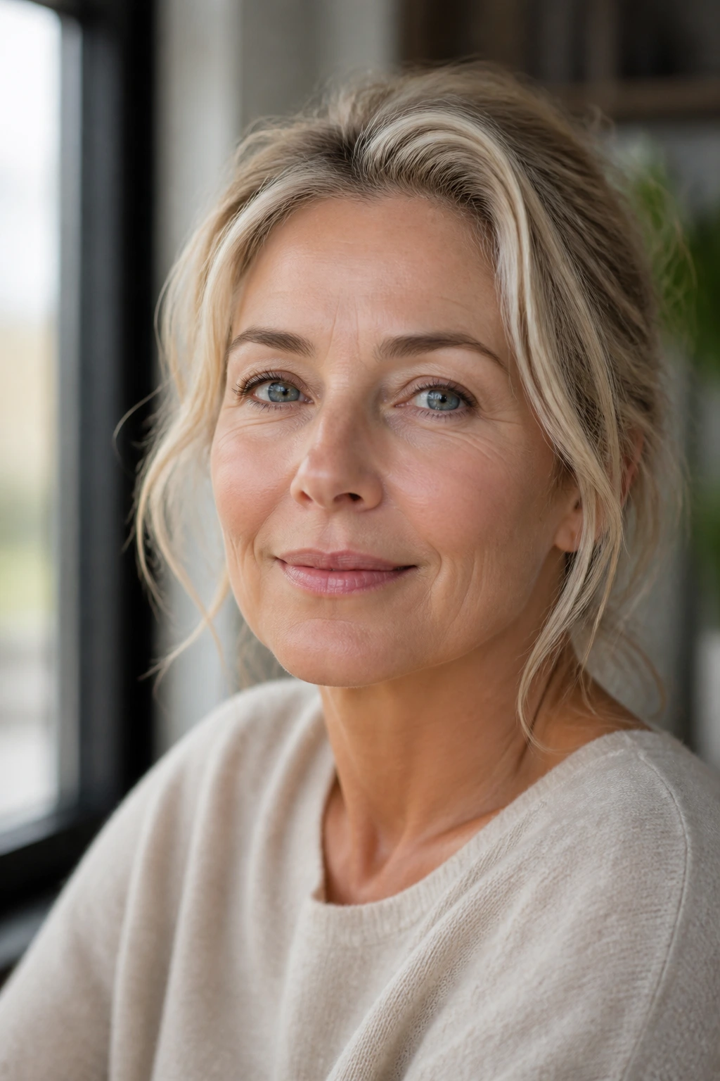 Portrait of a mature adult with visibly smooth, firm skin under soft lighting