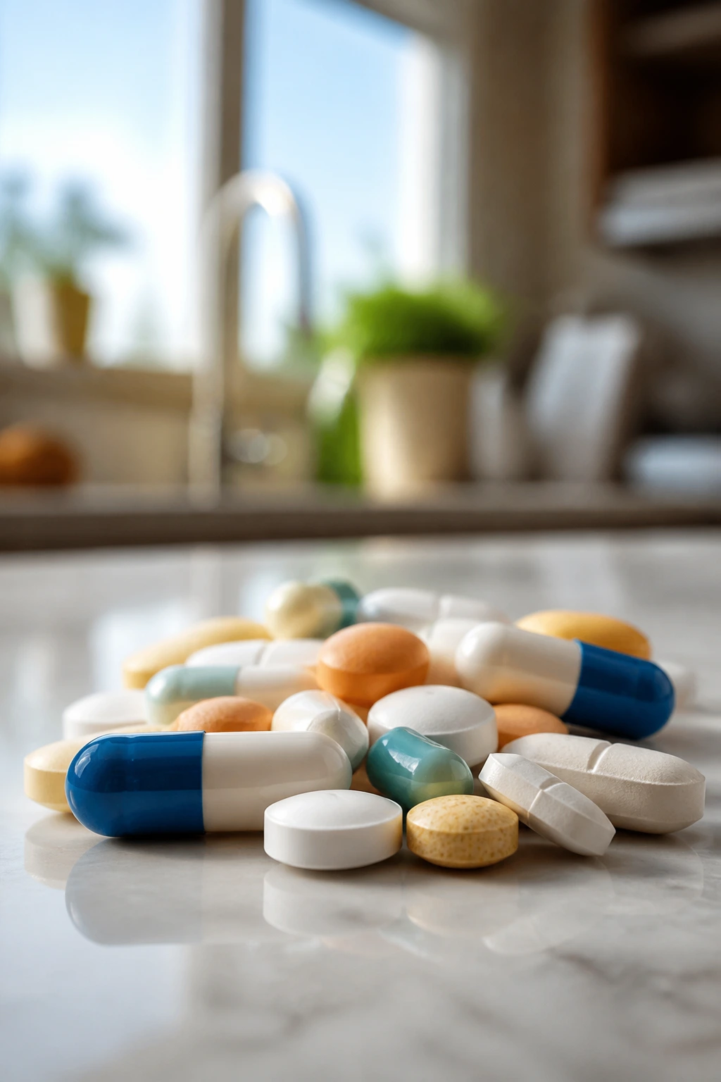 Can You Eat Bananas While Taking Antibiotics? 1 Close-up of antibiotic pills and capsules on a kitchen counter.