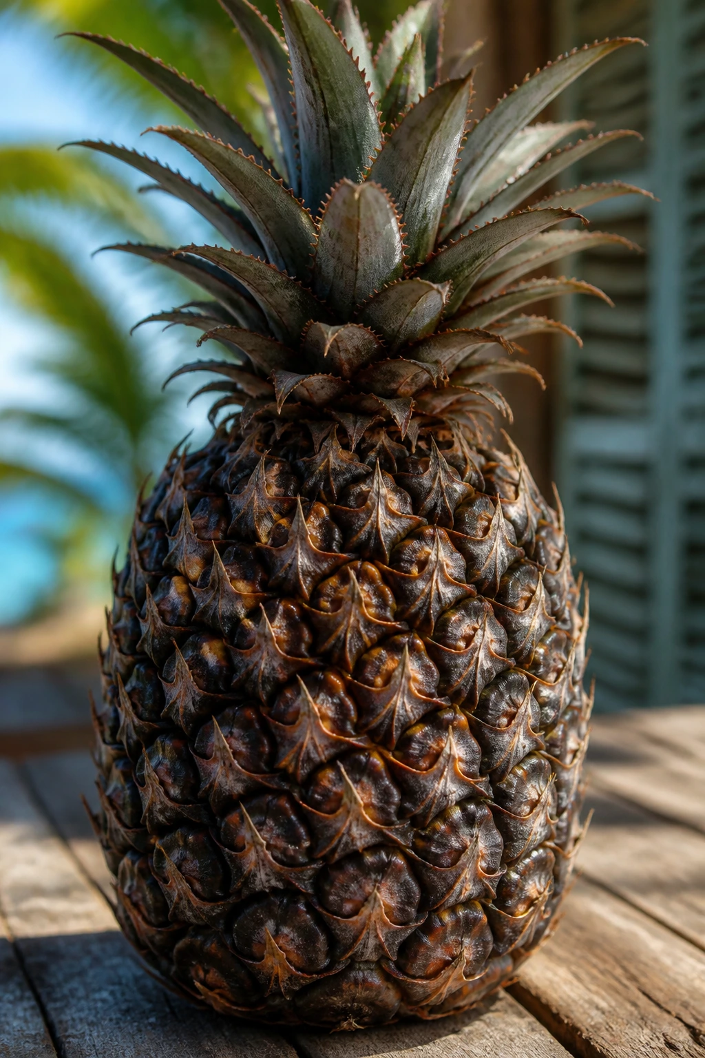 Close-up of Antigua Black Pineapple by window light.