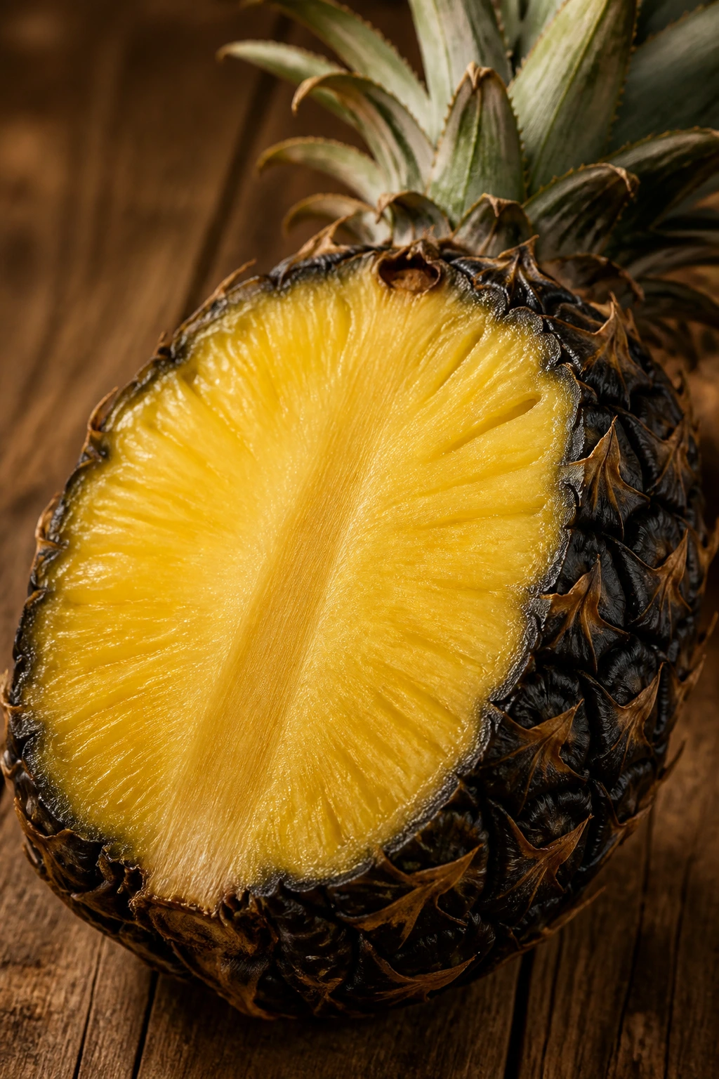 Half-cut Antigua Black Pineapple showing yellow flesh.