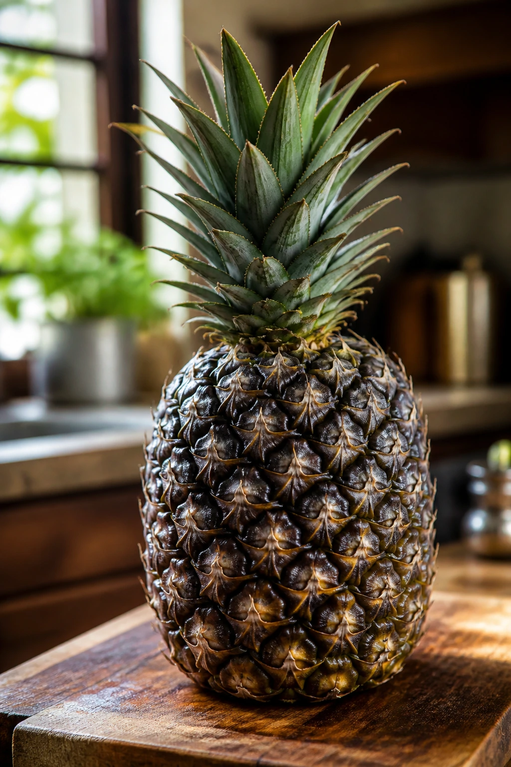 Close-up of Antigua Black Pineapple on wooden cutting board in warm kitchen light.