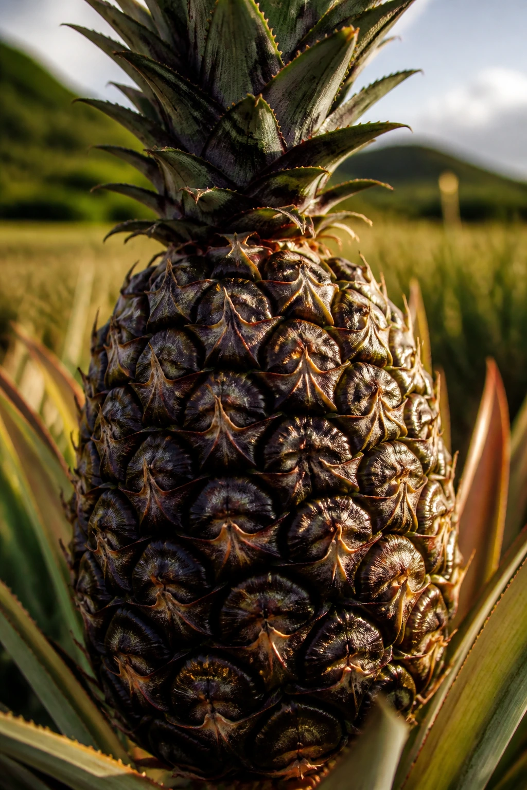 Close-up of Antigua Black Pineapple in bright sun with farm background.