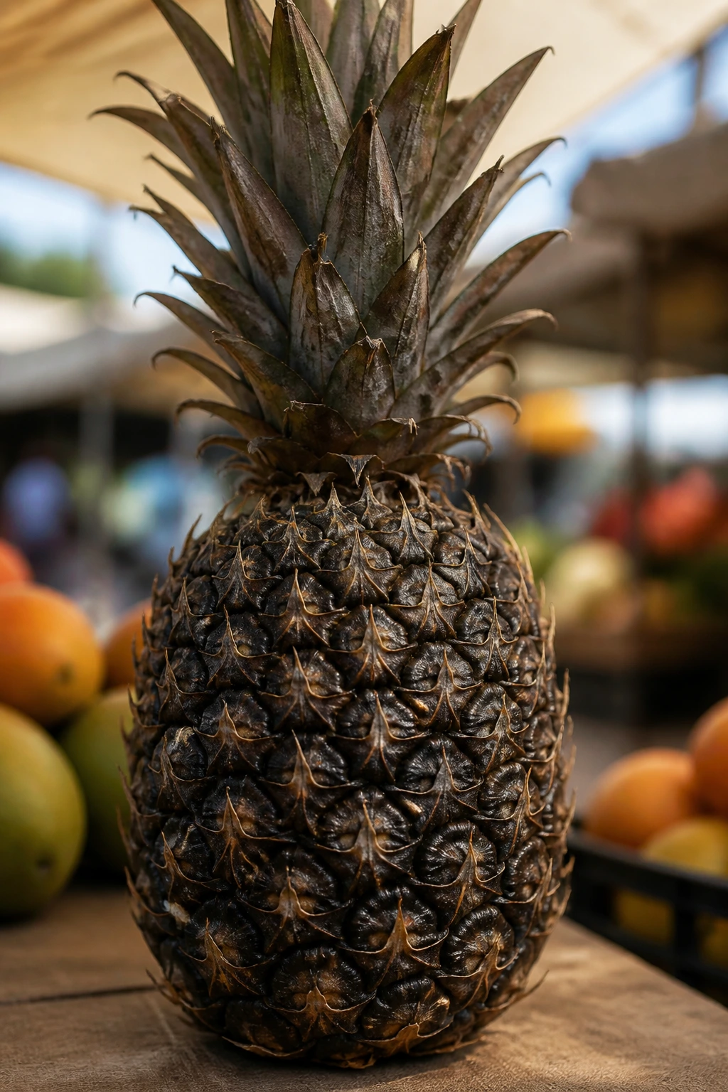 Close-up of Antigua Black Pineapple with blurred outdoor market background.
