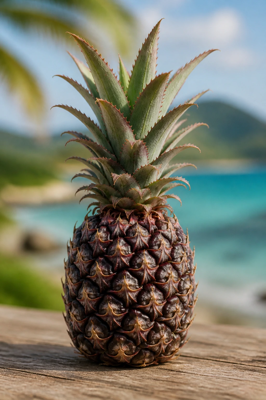 Centered Antigua Black Pineapple with sunlit island backdrop.