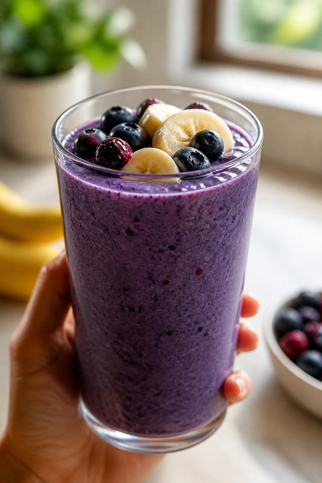 10 Amazing Health Benefits Of Drinking Banana Shake 2 Close-up of a banana-berry smoothie demonstrating antioxidants in bright kitchen light