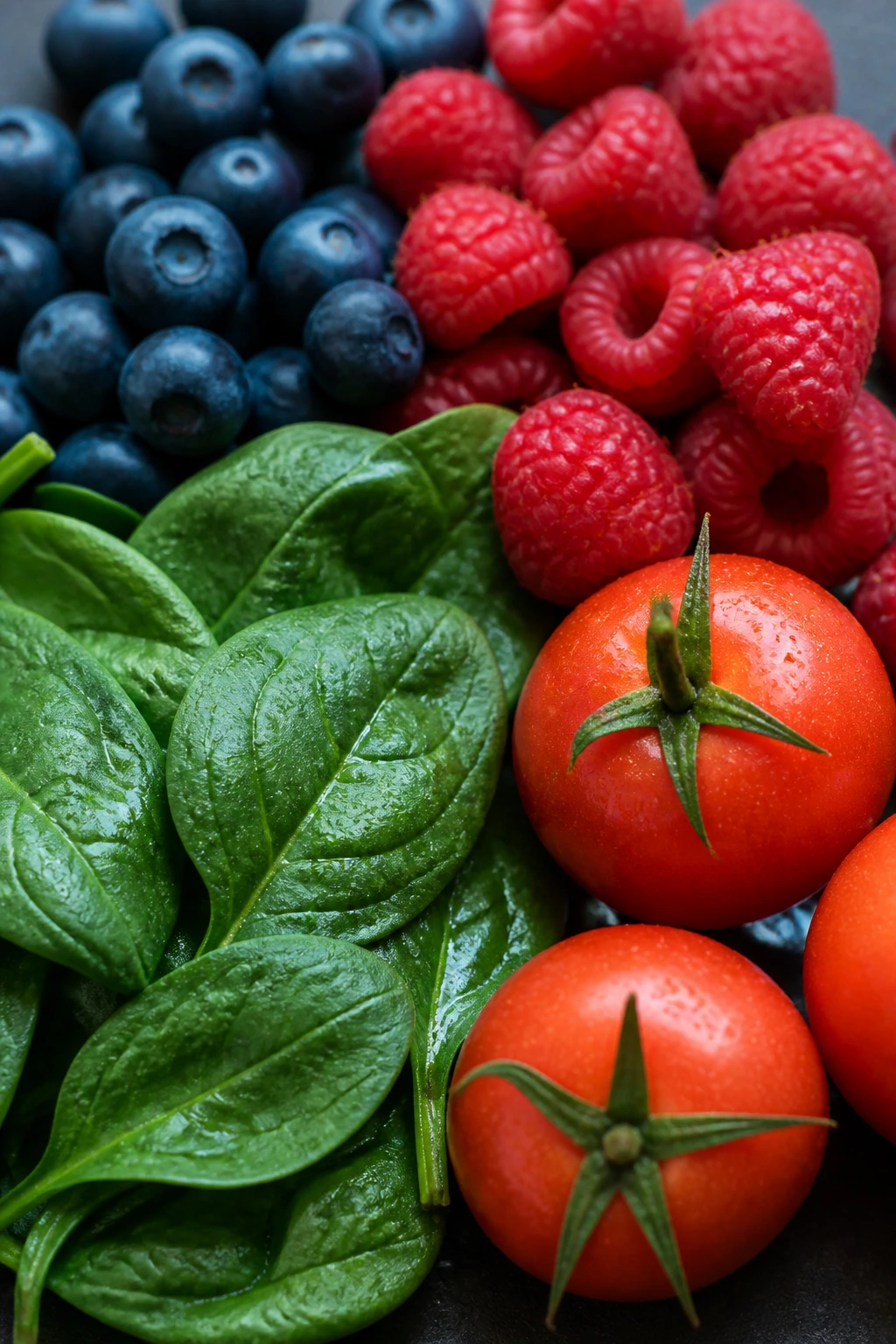 Vital Nutrients: Why Are Fruits And Vegetables Important? 9 Close-up of antioxidant-rich produce like berries and greens on a kitchen counter