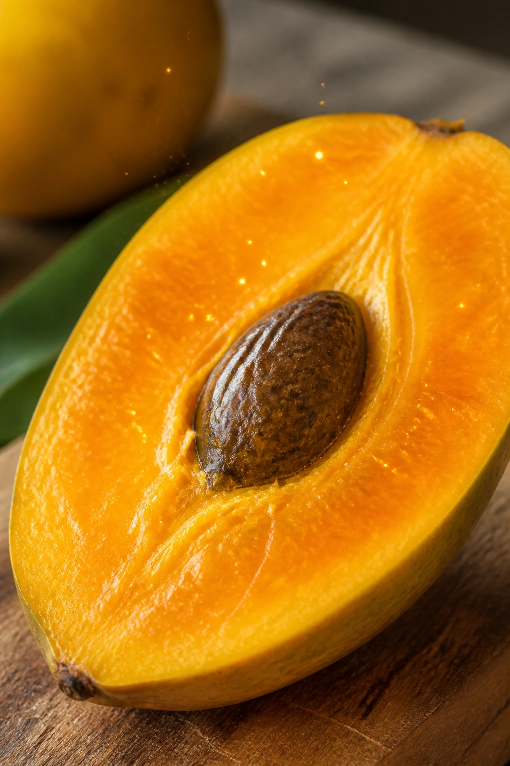 12 Incredible Health Benefits Of Egg Fruit 1 Close-up of egg fruit flesh with golden specks symbolizing antioxidants on a wooden cutting board