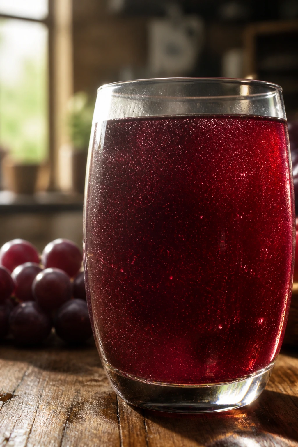 Close-up of red grape juice with visible antioxidant particles inside.