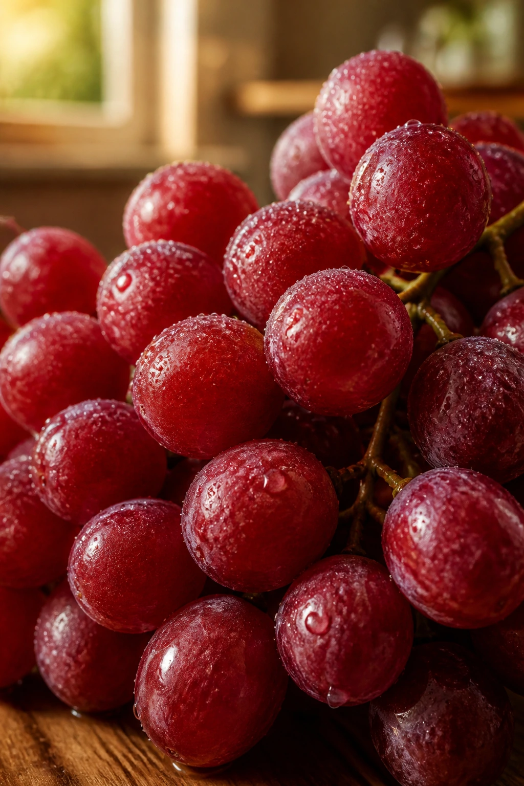 Close-up of red grapes with dew in warm kitchen light, emphasizing antioxidants