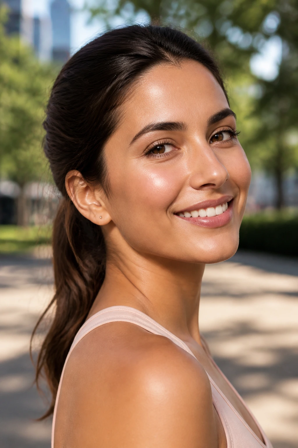 10 Amazing Benefits of Eating Plums for Skin 6 Close-up of a real person's vibrant, healthy skin outdoors with greenery.