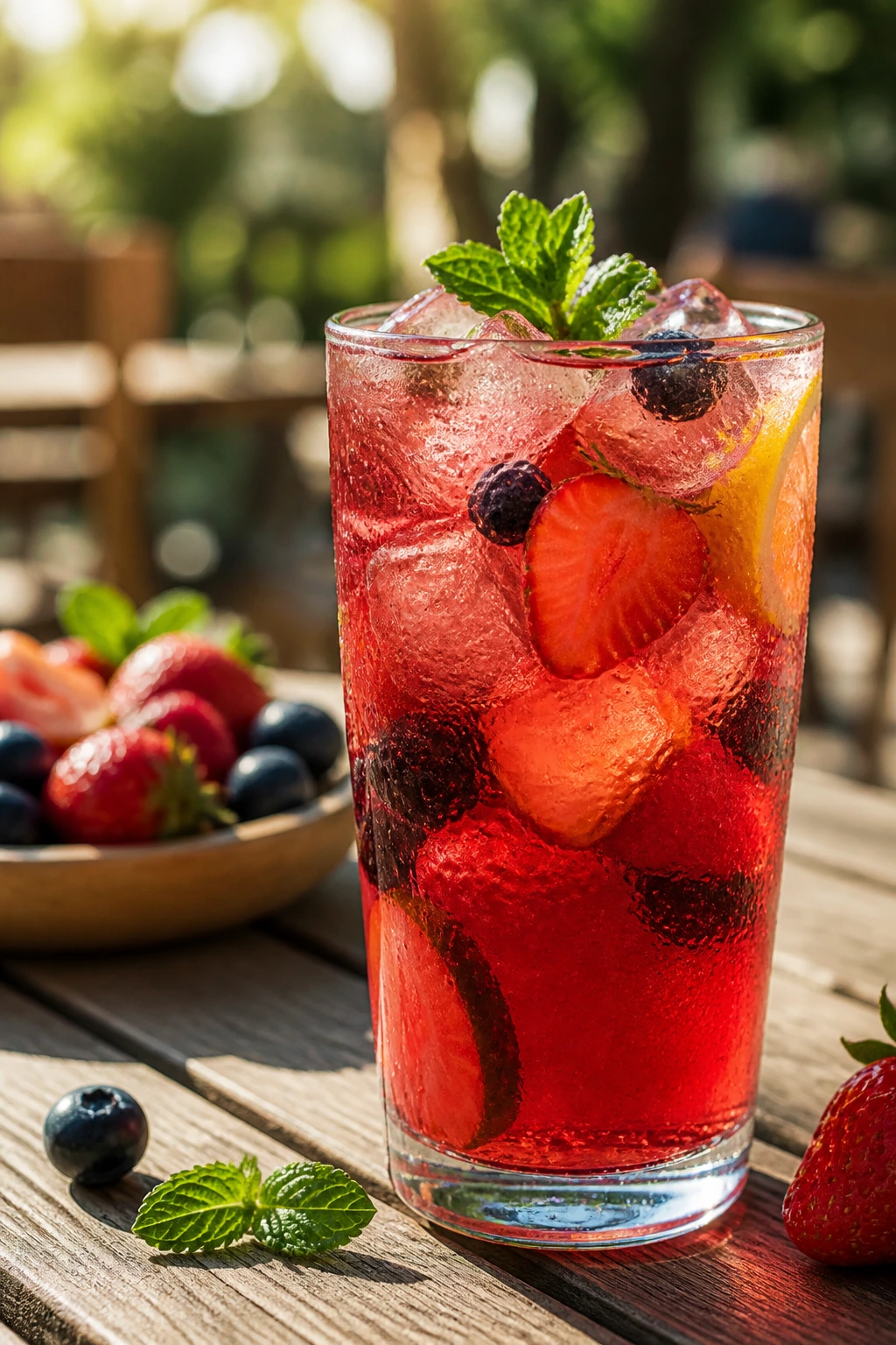Caffeine Concerns: Does Fruit Tea Have Caffeine? 10 Glass of fruit tea with condensation on a bright outdoor table
