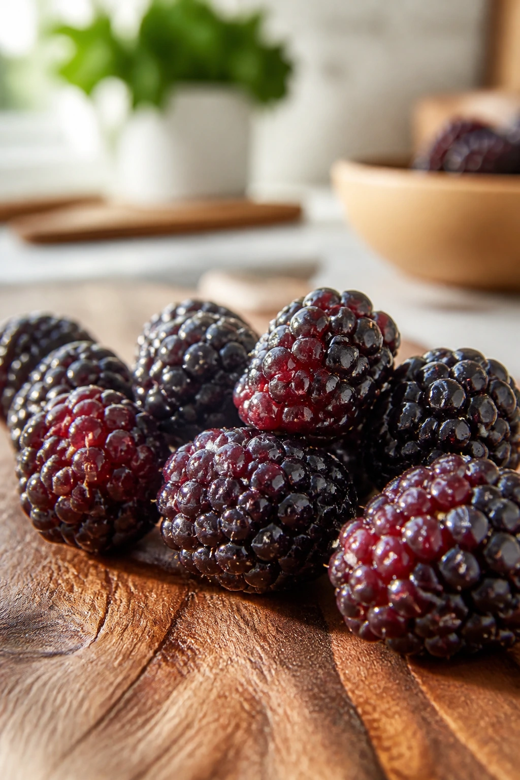 Are Boysenberries Good For You? All You Need To Know 4 Vibrant boysenberries on a wooden surface with bright light
