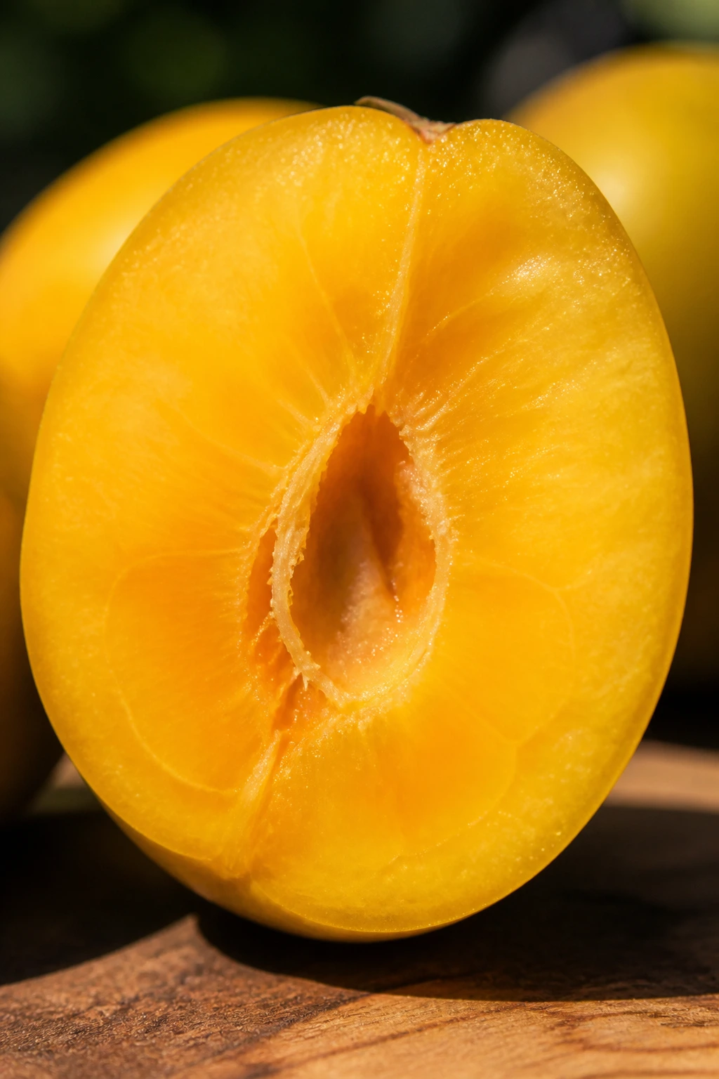 Cross-section of June plum showing vibrant yellow flesh as antioxidant-rich