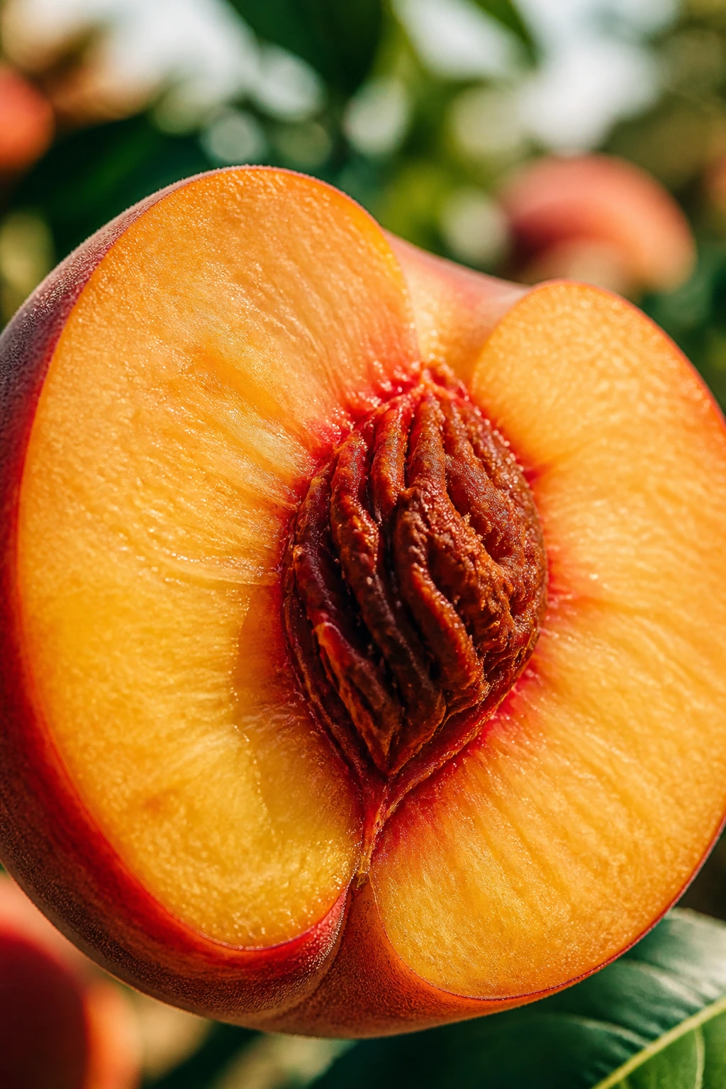Banishing Breakouts: Are Peaches Good For Acne? 5 Macro close-up of a peach half with vibrant flesh in sunlight