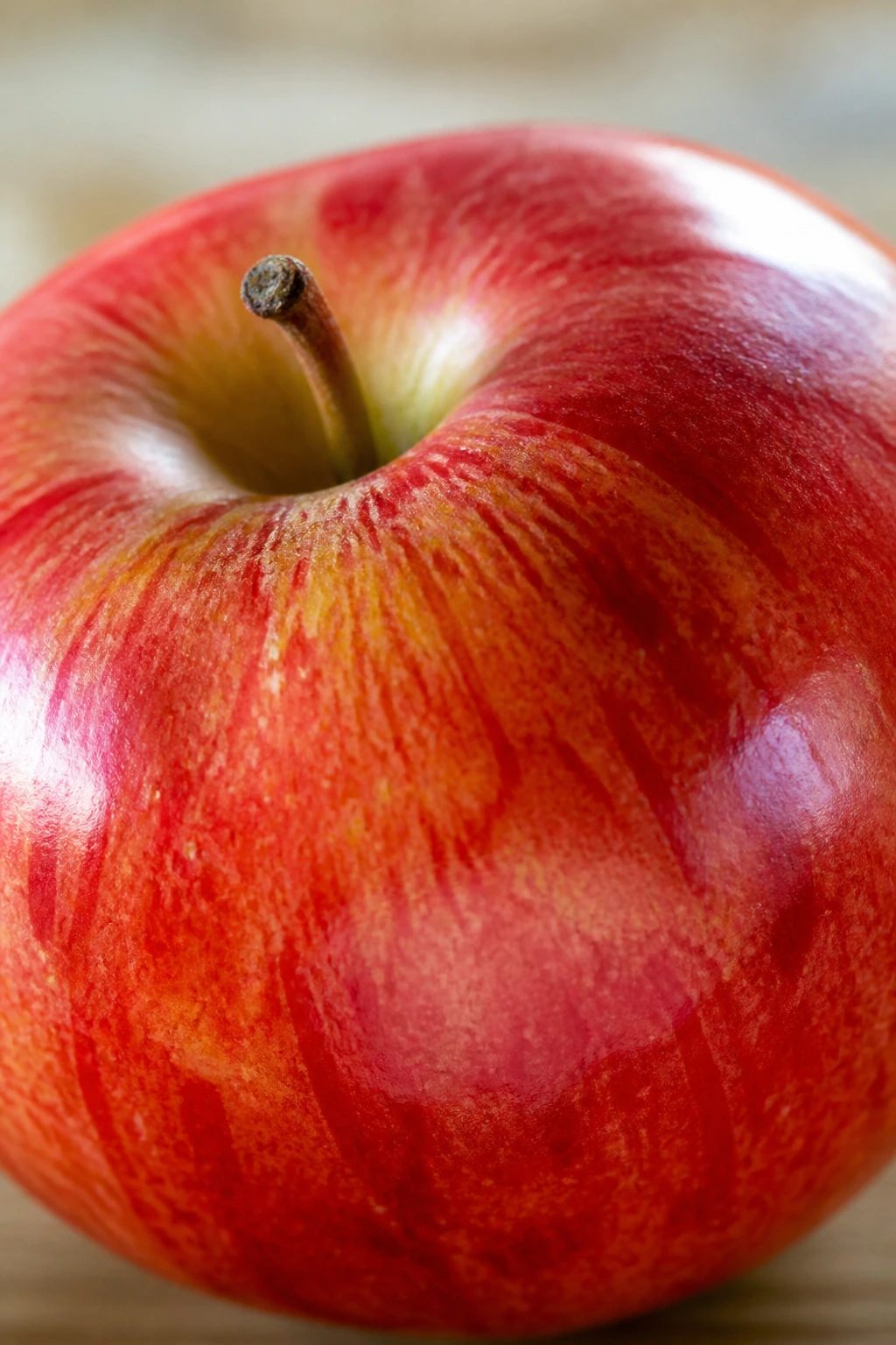 Close-up bright apple with soft background.