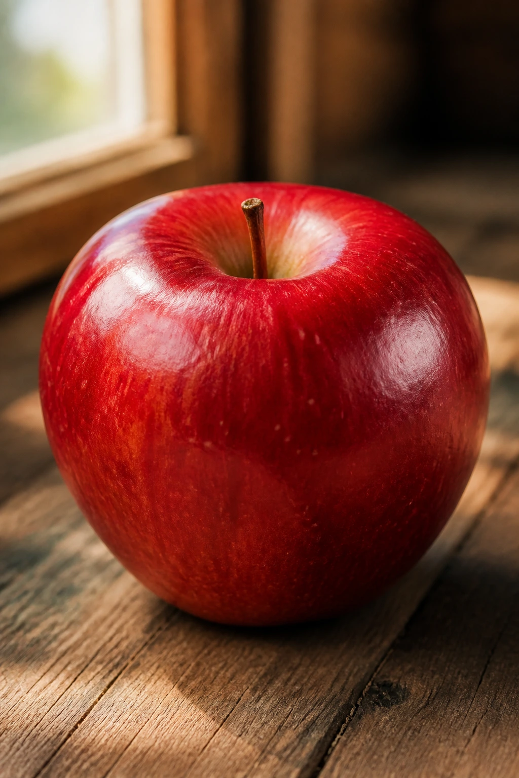 Fruity Horoscopes: What Fruit Represents Your Zodiac Sign? 7 Close-up of a single glossy red apple on a rustic wooden table with warm daylight