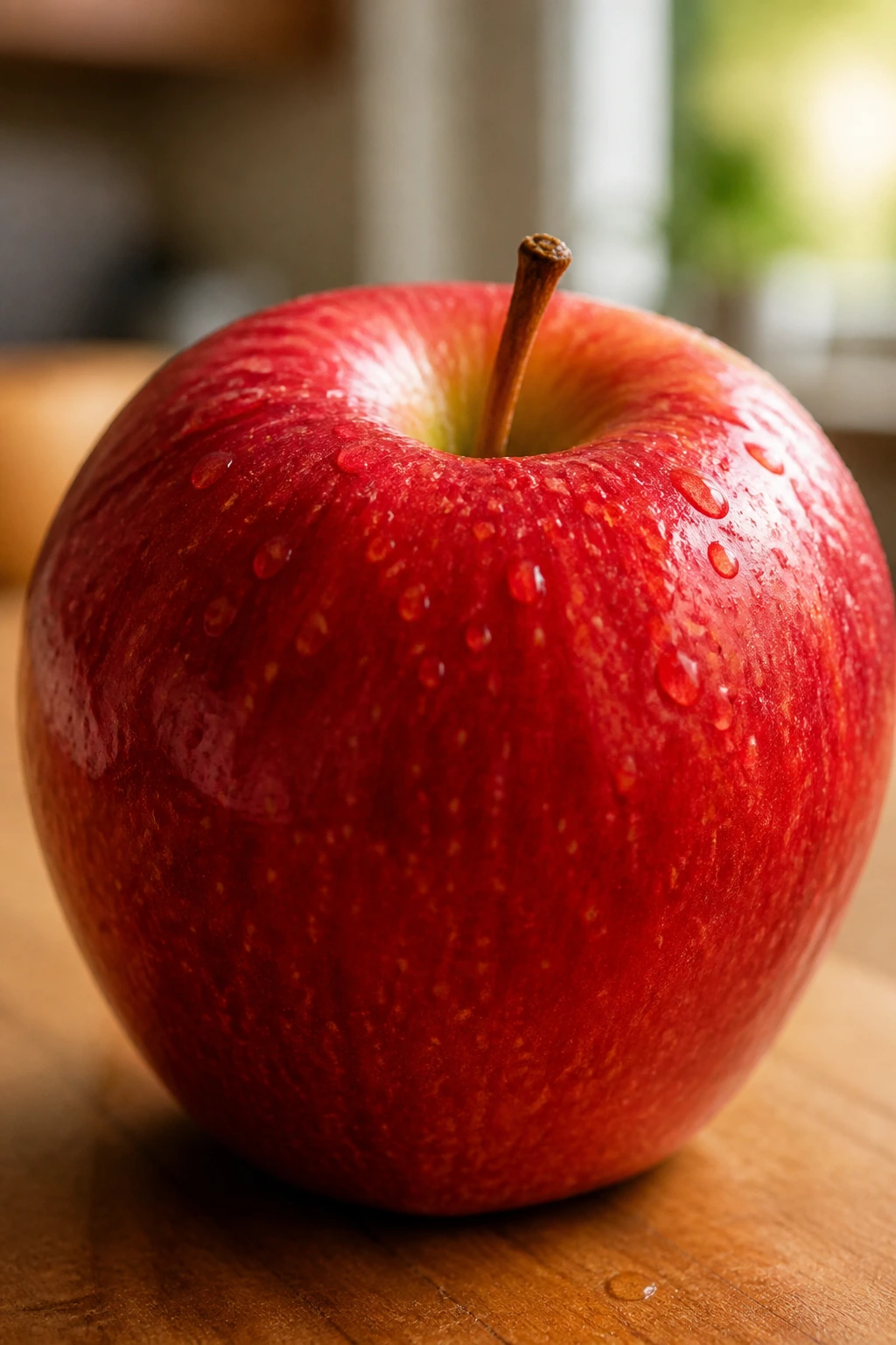 Are Apples Good Before A Workout Or After A Workout? 3 Close-up of a glossy red apple on a wooden counter with morning light