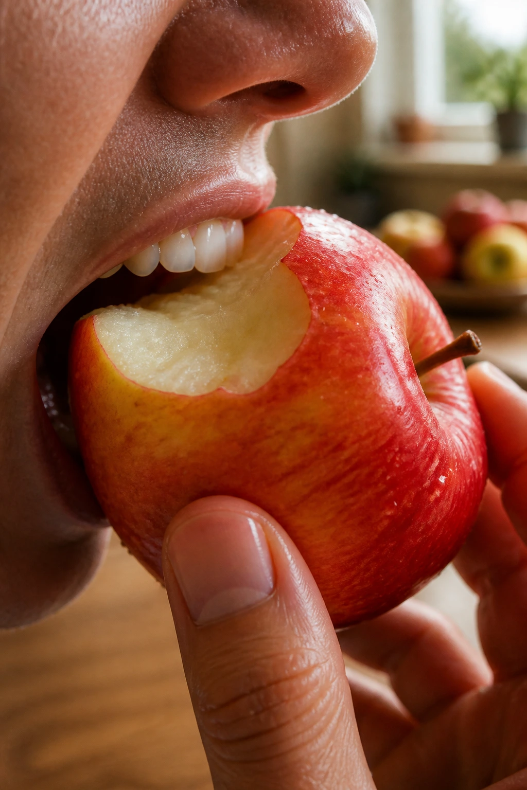 How Long Does It Take For An Apple To Digest? 1 Close-up of a mouth biting into a crisp apple, apple filling the frame