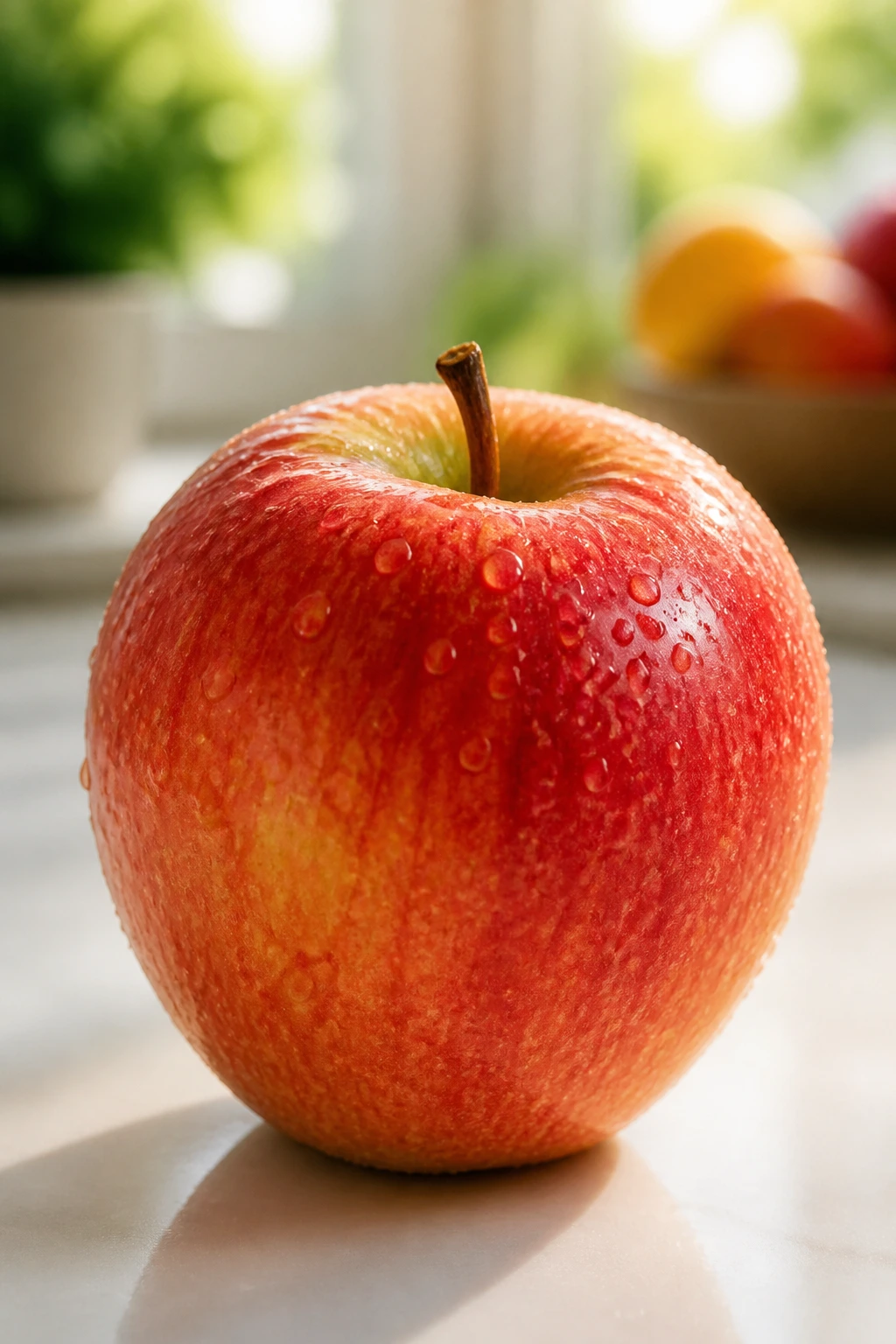 Fruit For Breakfast: Is It Good To Eat Fruit In The Morning? 2 Close-up of a crisp apple in morning light on a kitchen counter.