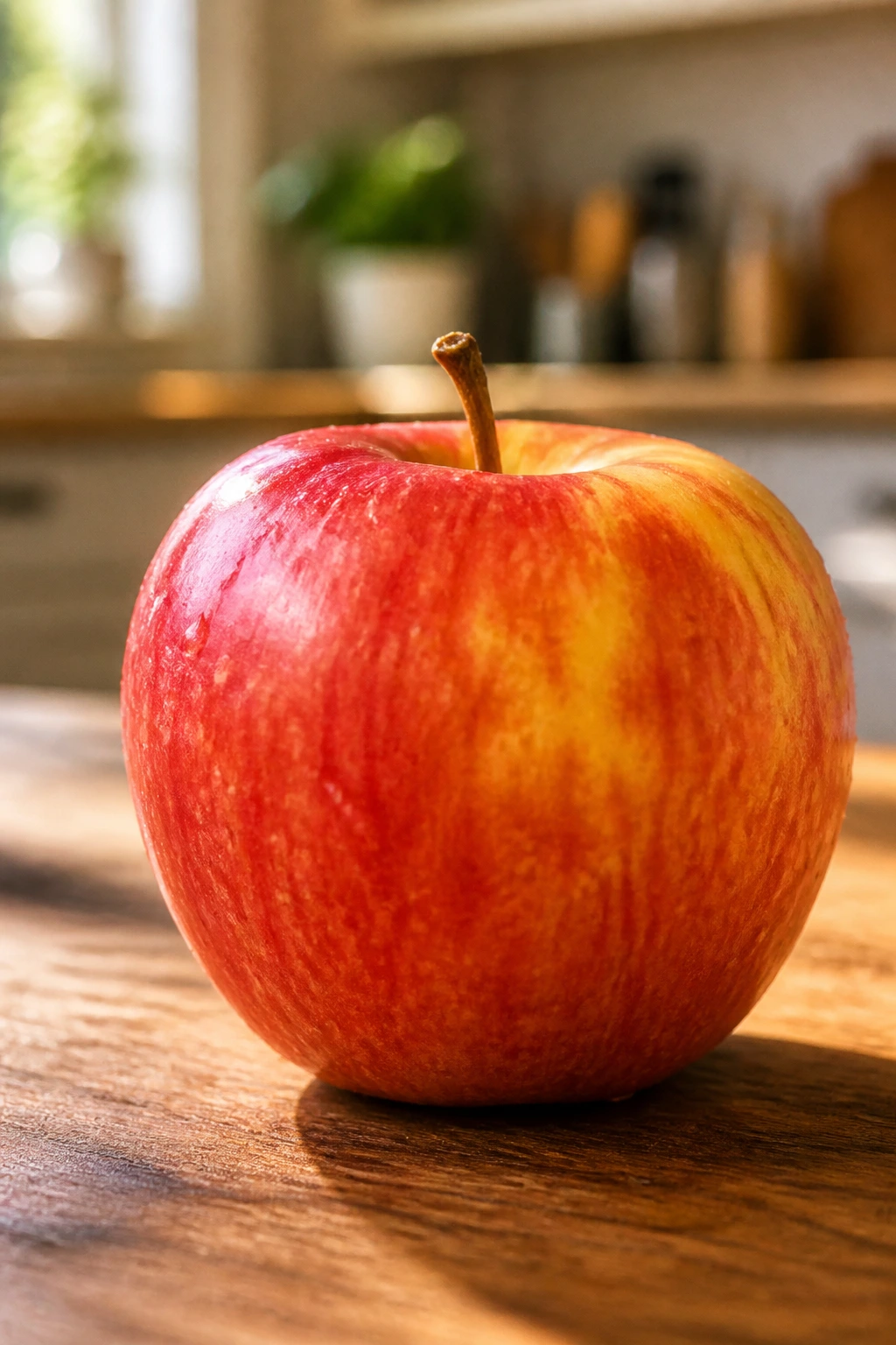 Are Apples Keto-Friendly? Find Out Now! 2 Single apple on wooden surface in sunlit kitchen showcasing apple texture