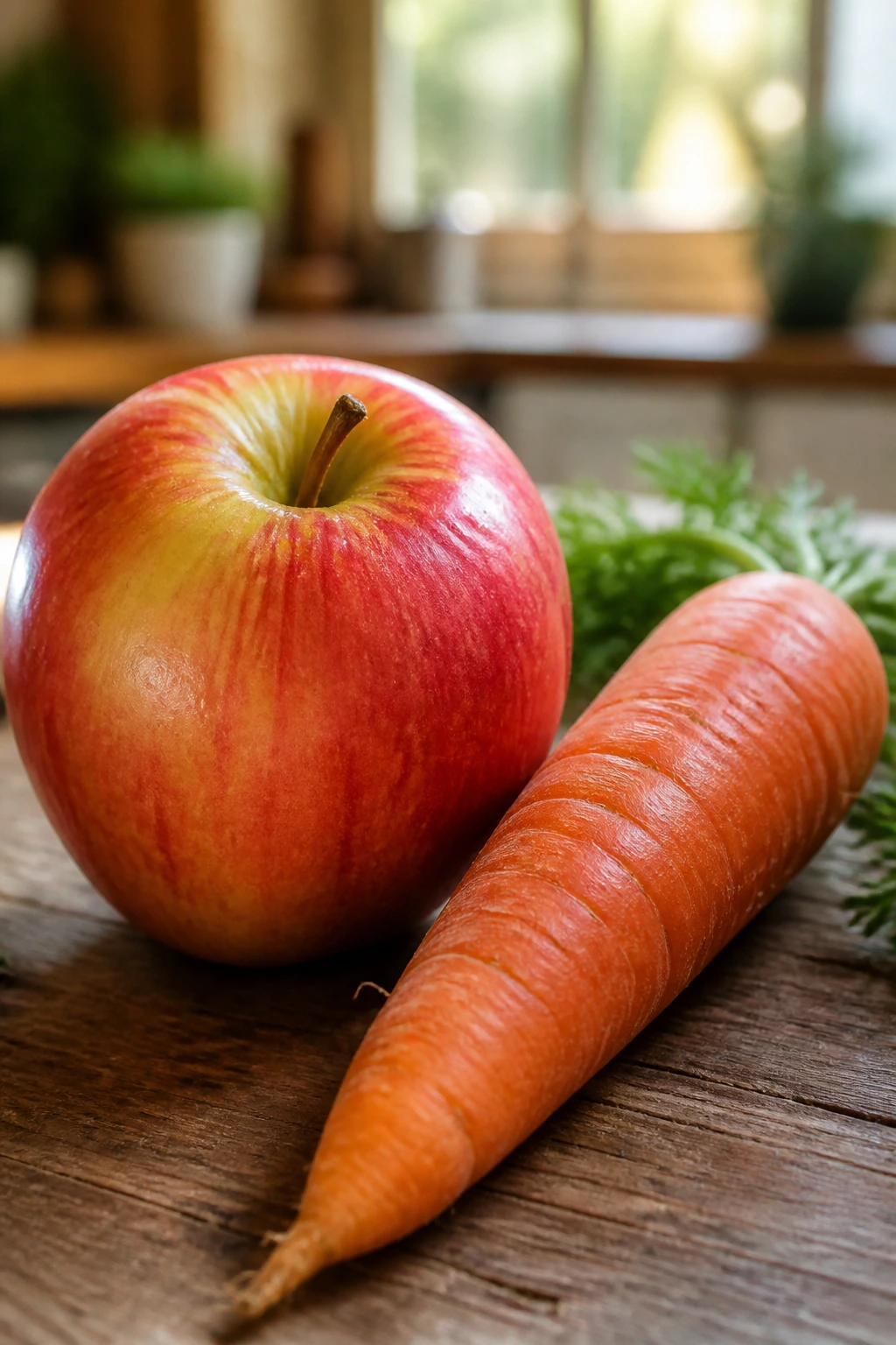 Does Blending Fruit Make It Easier To Digest? 3 Close-up of a whole apple and carrot on a wooden kitchen surface