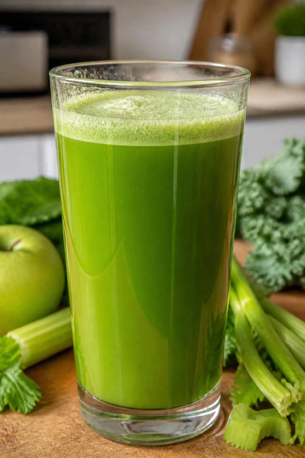 Close-up of a glass of Apple Celery Green Juice with bright green color.