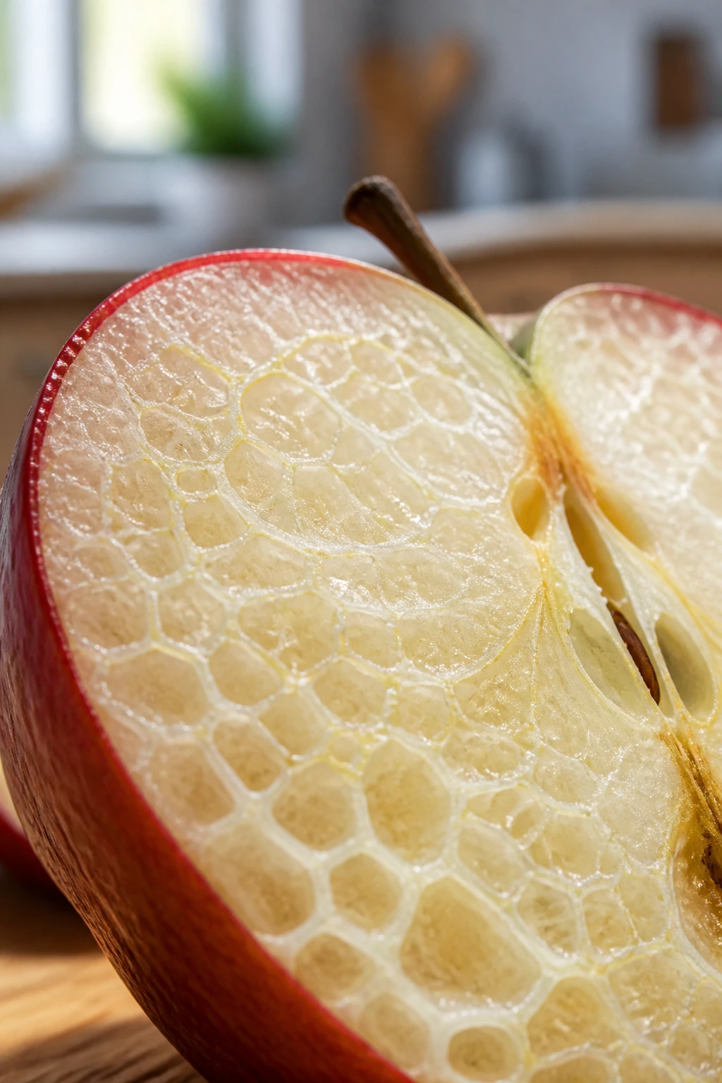 Close-up of a sliced red apple showing plant cell structure on a kitchen counter