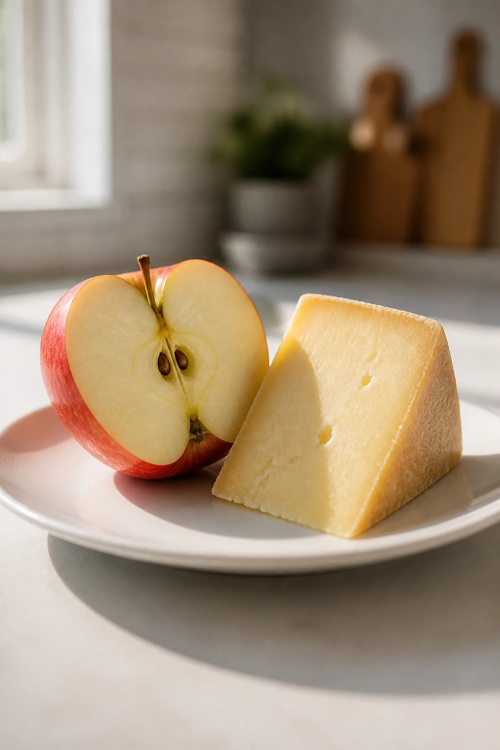 Plate with apple half and cheese wedge on a clean surface