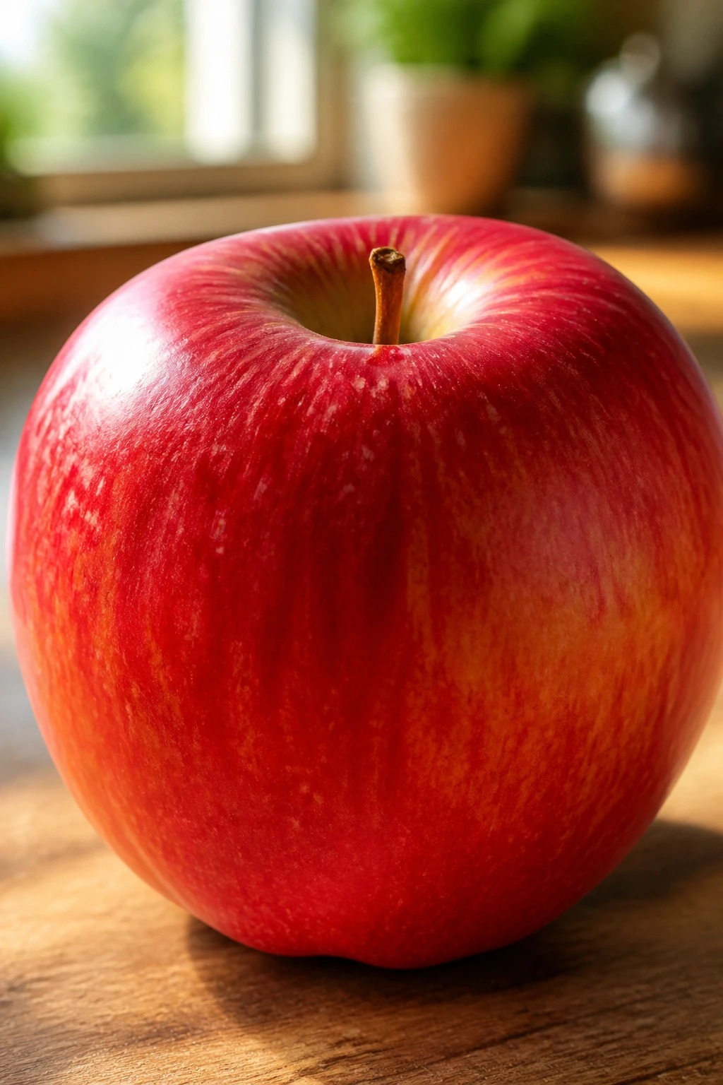 Close-up of a red apple filling the frame in a warm kitchen.