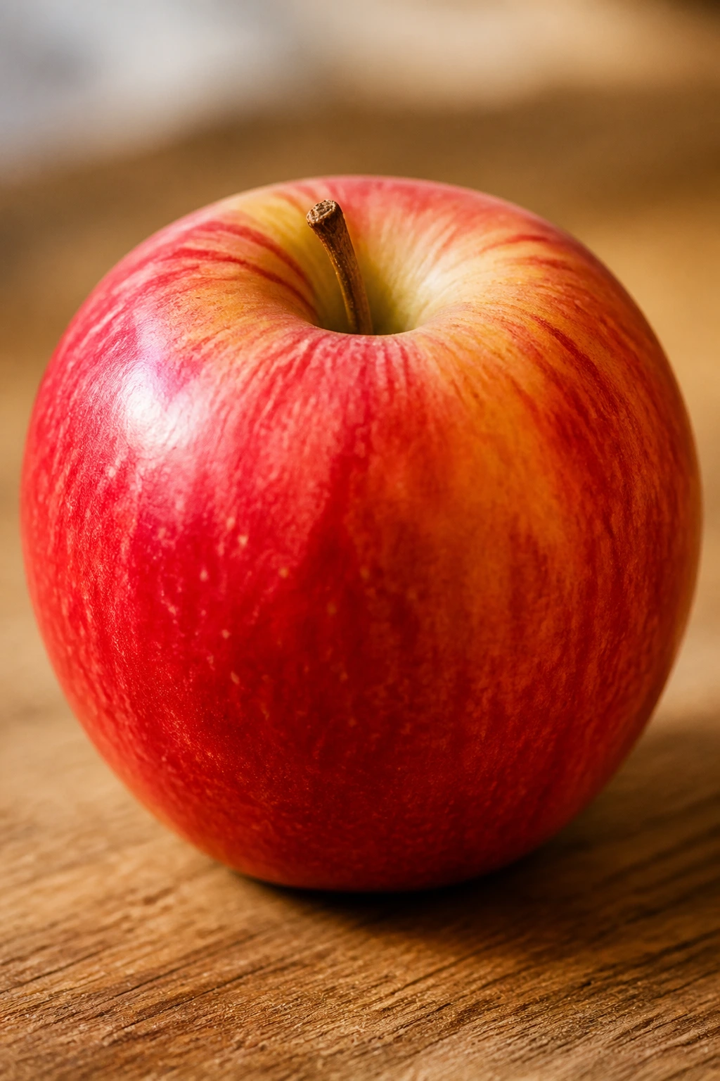 Close-up of a single apple on a wooden surface with warm light
