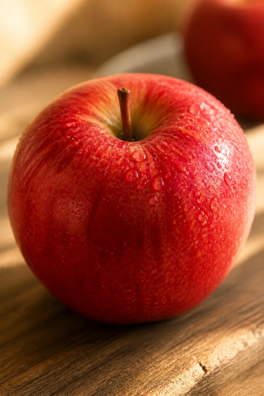 The Fiber in Banana vs Apple: Which Has More Fiber? 3 Close-up of a red apple filling the frame on a wooden surface