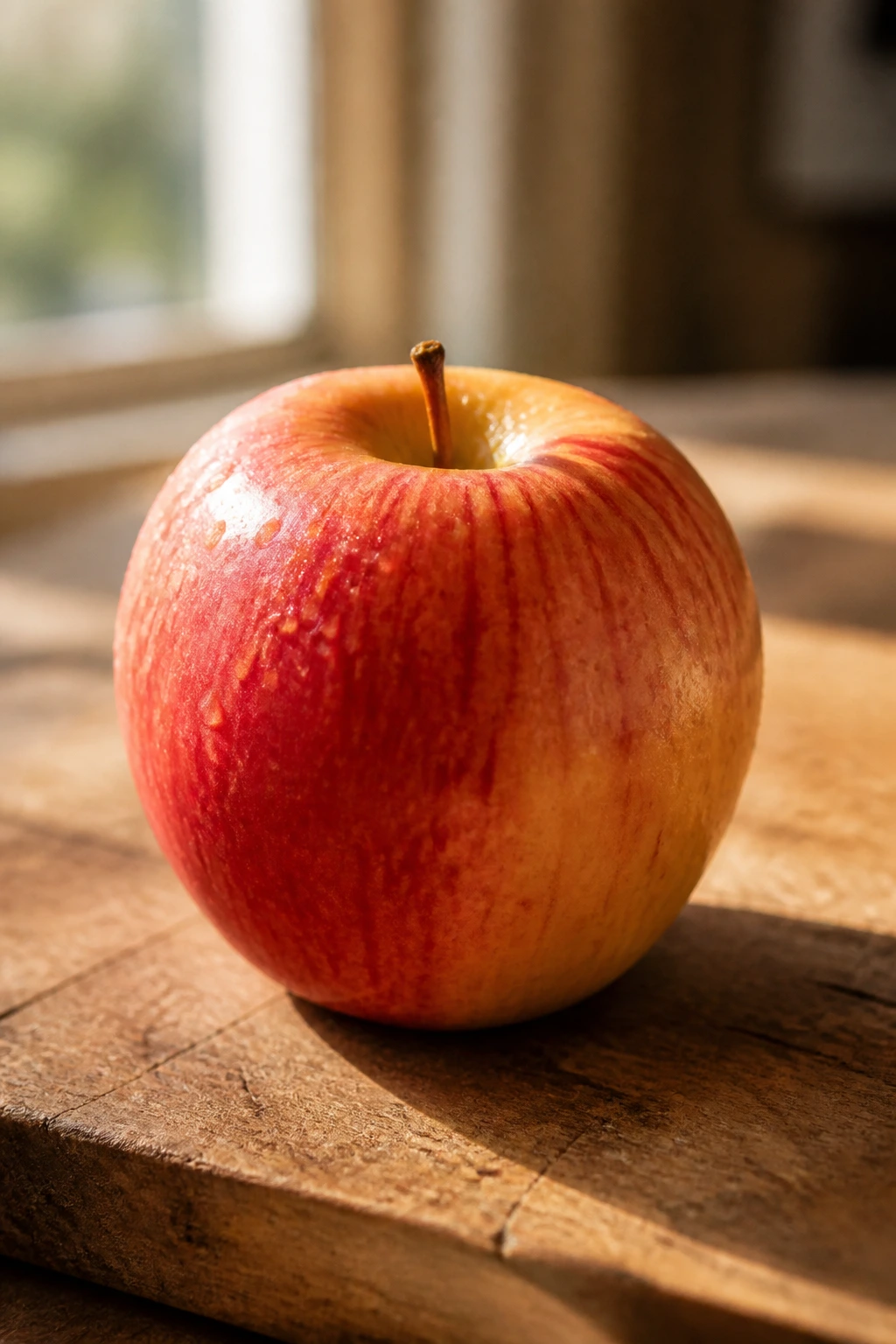 Apple on wooden cutting board in a sunlit kitchen