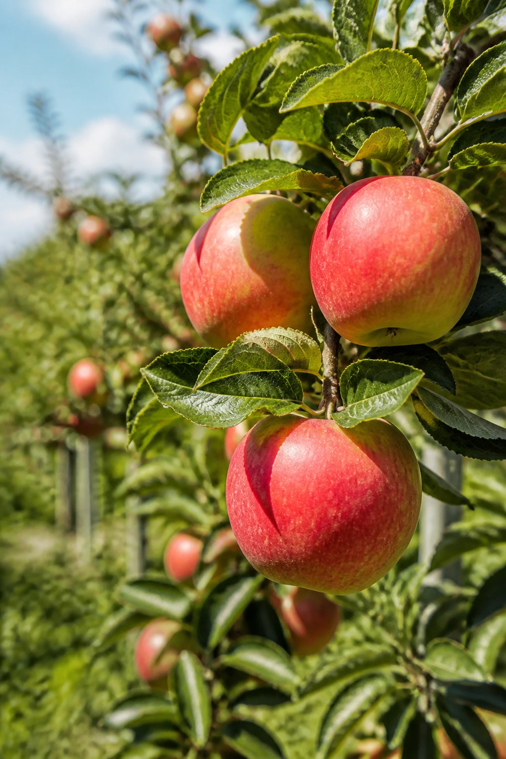Apples on a branch in an orchard