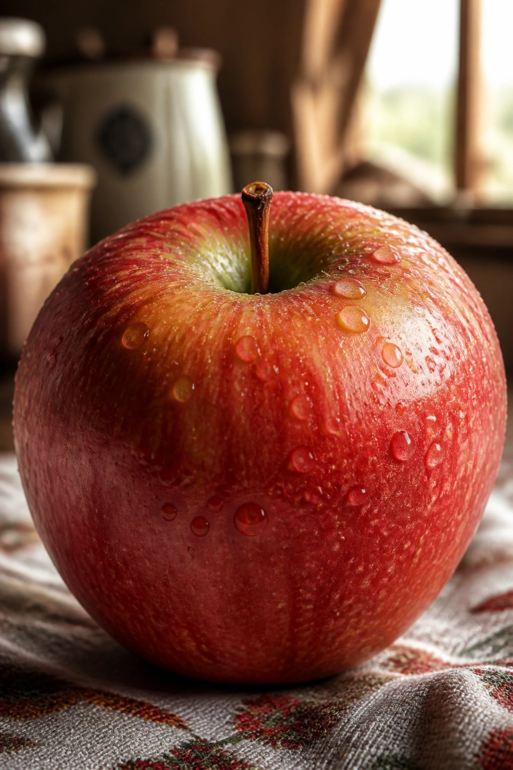 Close-up of a single apple on a wooden surface with warm light.