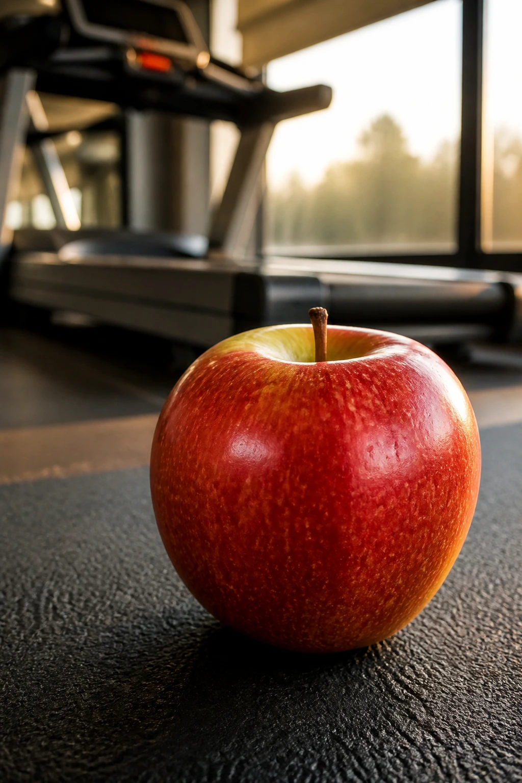 Are Apples Good Before A Workout Or After A Workout? 5 Close-up of an apple on a gym mat with gym equipment blurred in background