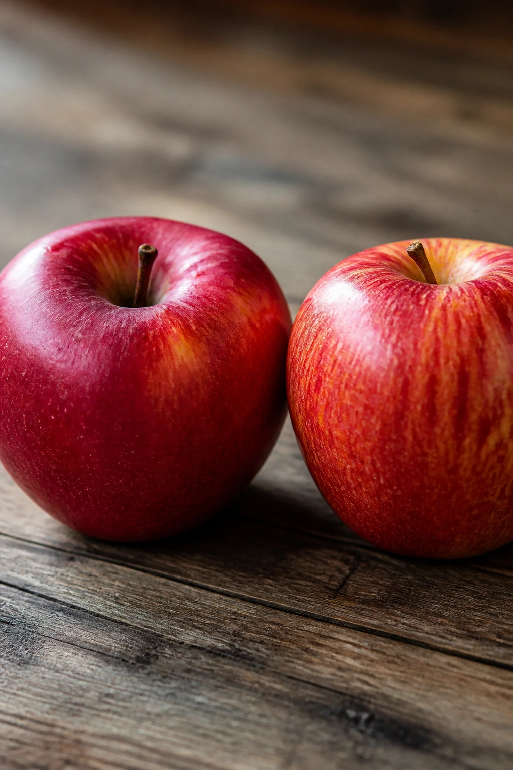 Two apples on a wooden surface.