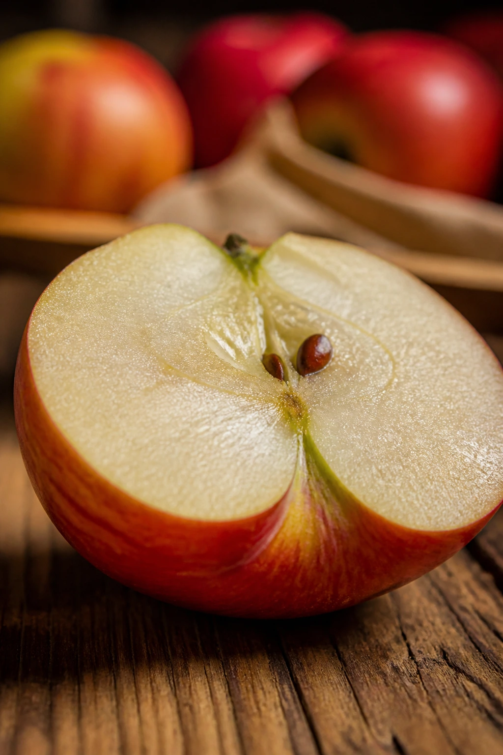 Half-cut apple on wooden table showing juicy flesh