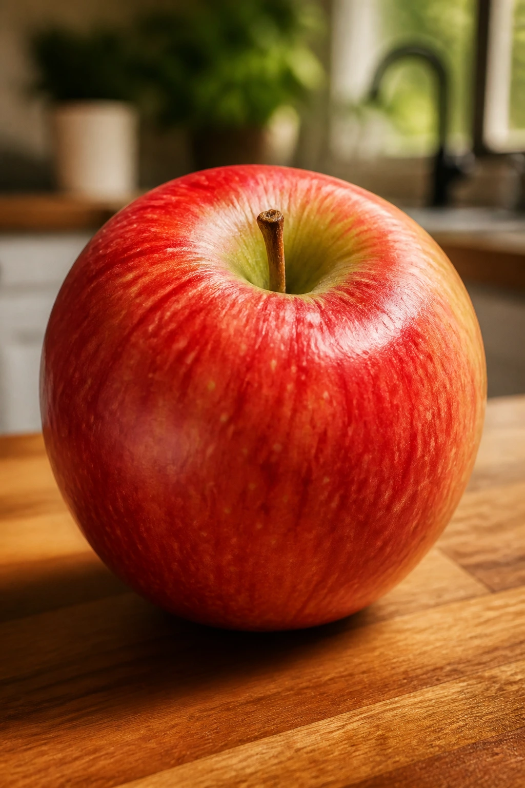 Close-up of an apple on a warm kitchen counter