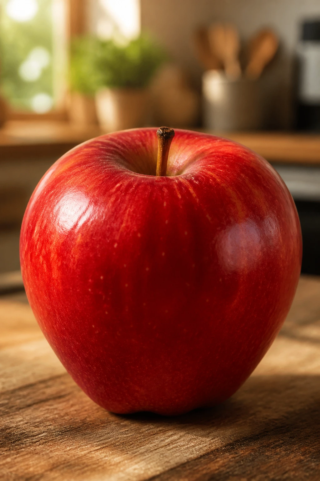 Close-up of a glossy red apple on a wooden counter with warm light