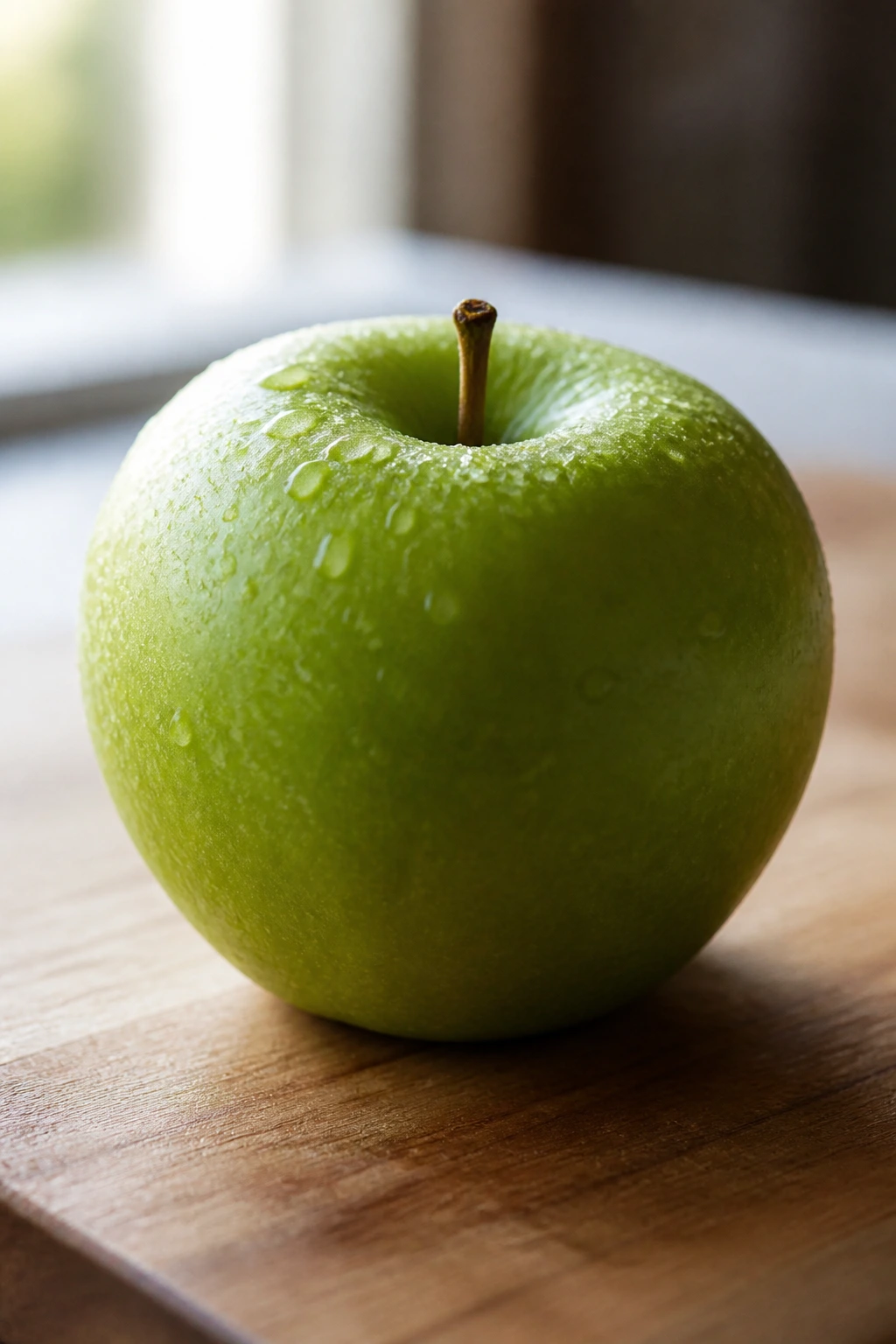 Medium close-up of a green apple on a cutting board.