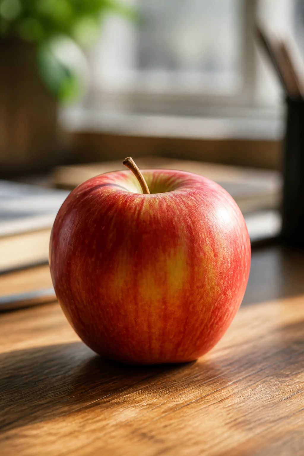 Single apple on a sunlit wooden desk, suggesting energy timing